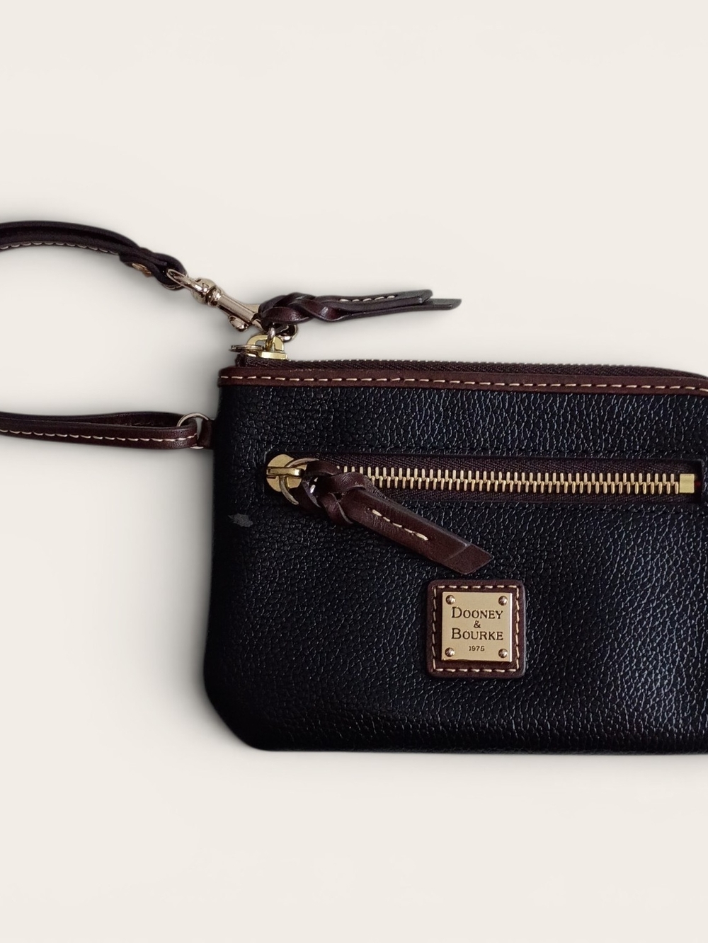 Dooney & Bourke Black Pebbled Leather Wristlet with Brown Trim